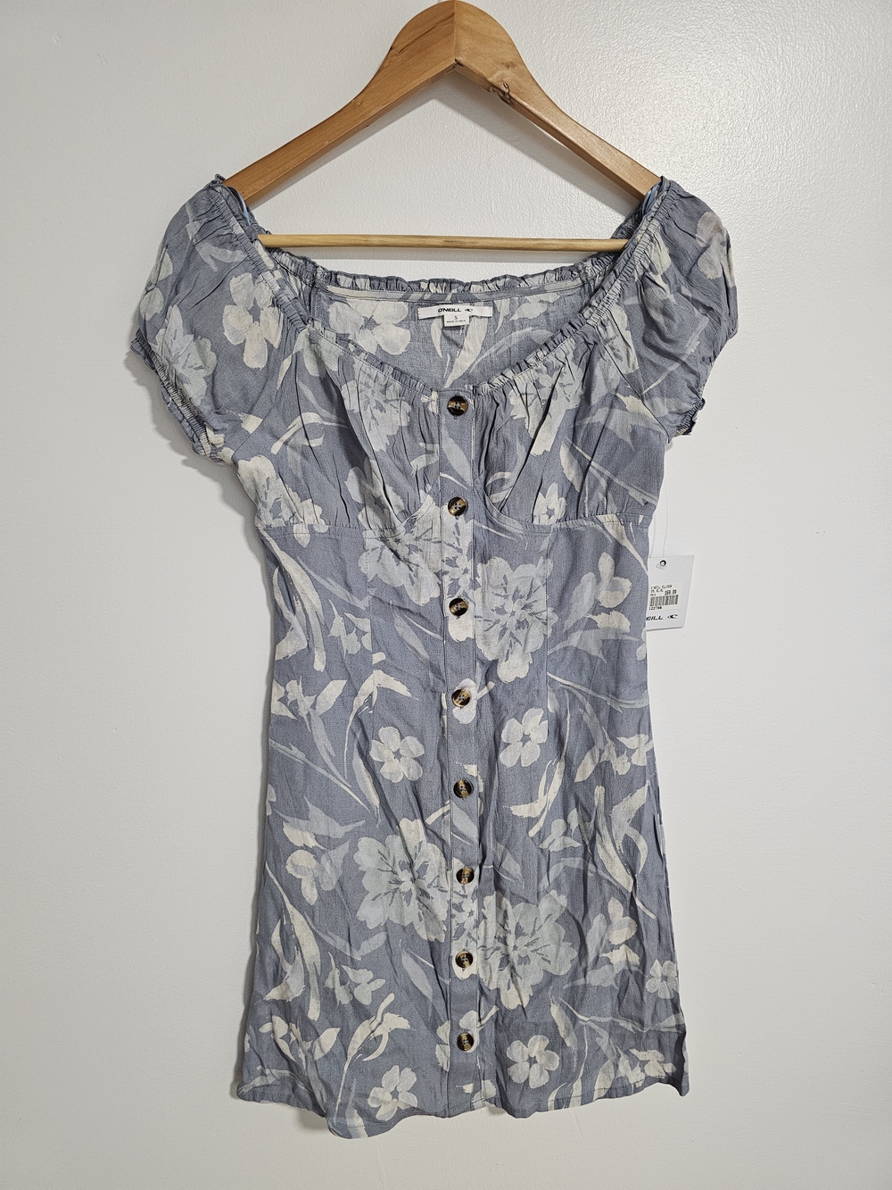 NWT O'Neill Dusty Blue Floral Mini Dress Button Front Small Boho Beachy Sundress